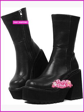 Wedge Heel Ankle Boots Platform Zipper Punk Motorcycle Chunky Block High Heel